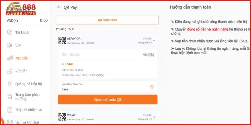Nạp tiền AE888 3 Cách thức nạp tiền vào tài khoản bằng QR Pay