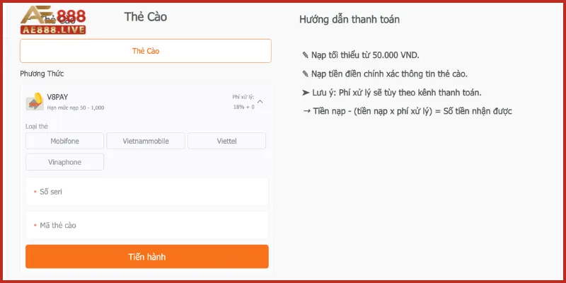 Nạp tiền AE888 4 Hướng dẫn nạp tiền AE888 bằng thẻ cào điện thoại