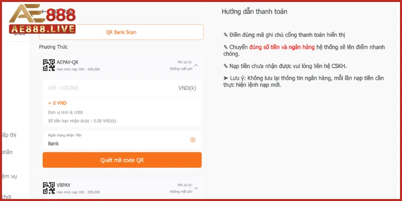 AE888 - Nhà cái cá cược trực tuyến uy tín số 1 châu Á 30 Hướng dẫn quy trình nạp tiền vào AE888