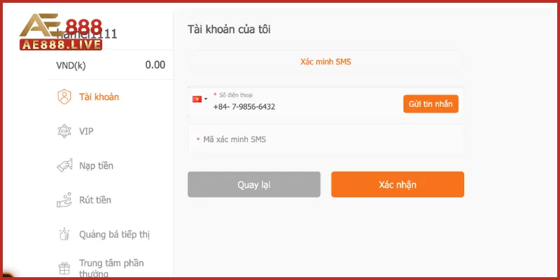 Rút tiền AE888 2 Xác thực tài khoản bằng số điện thoại chính chủ